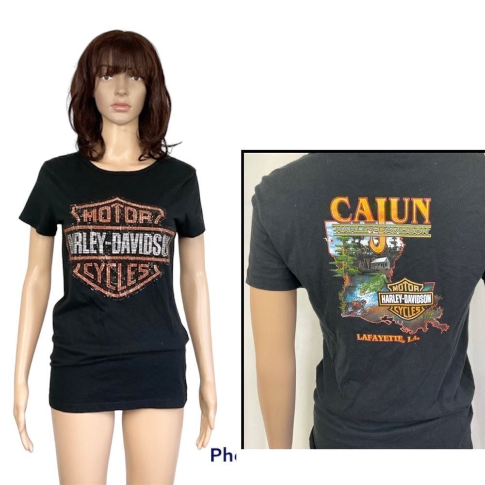 Harley Davidson Rhinestone Graphic Cajun Louisiana Short Sleeve Tee Size Large